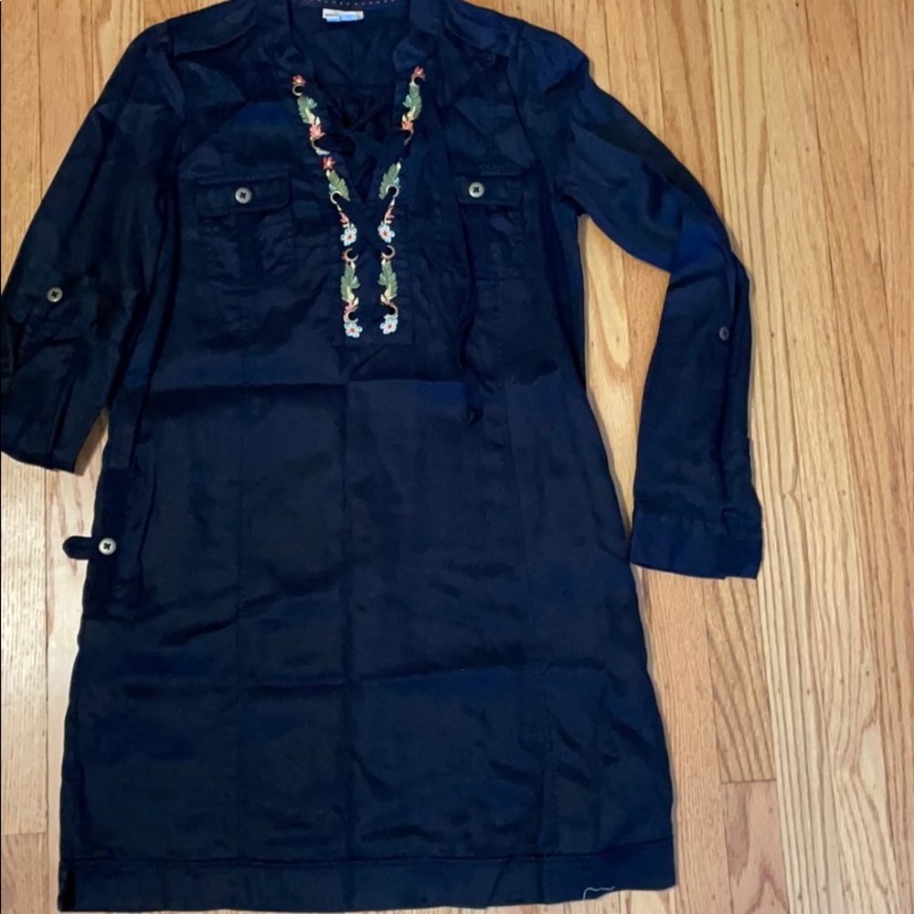 Black shirt dress with embroidered, lace up front